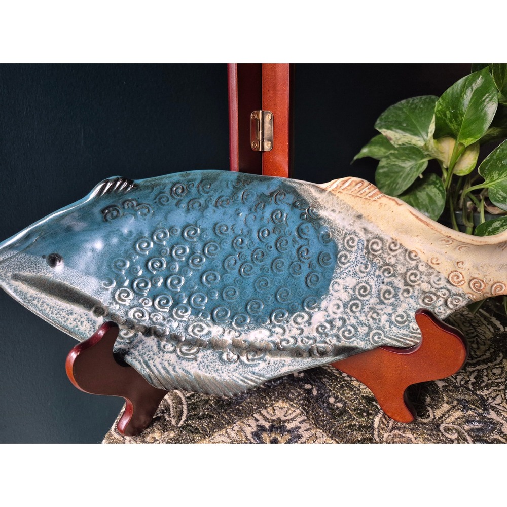 Vintage Coastal Fish Platter Studio Pottery Textured Serving 19 Beach House Tray